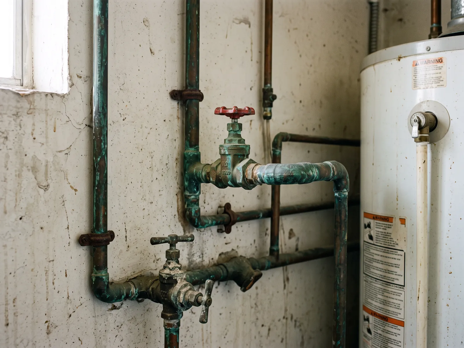 Corroded copper pipes and dated shutoff valves before a whole-home repipe in Round Rock, TX