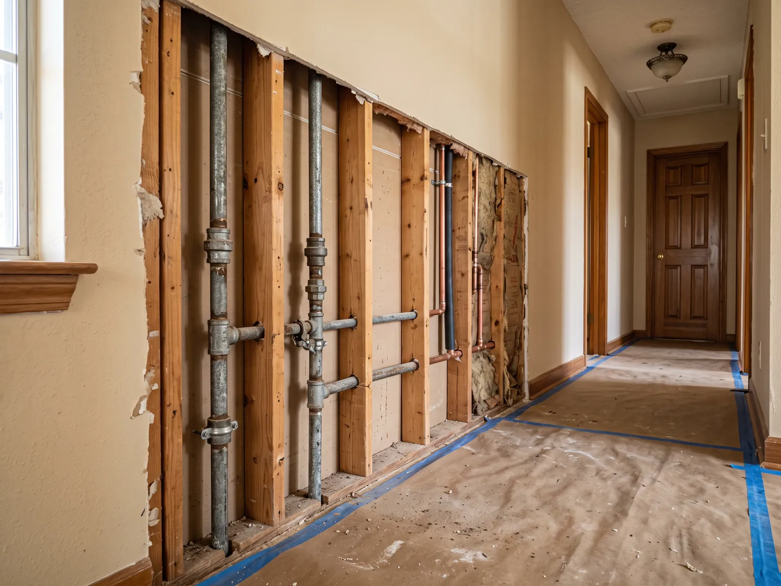 Hallway wall opened for a whole-home repipe in Pflugerville, TX, old galvanized pipes exposed