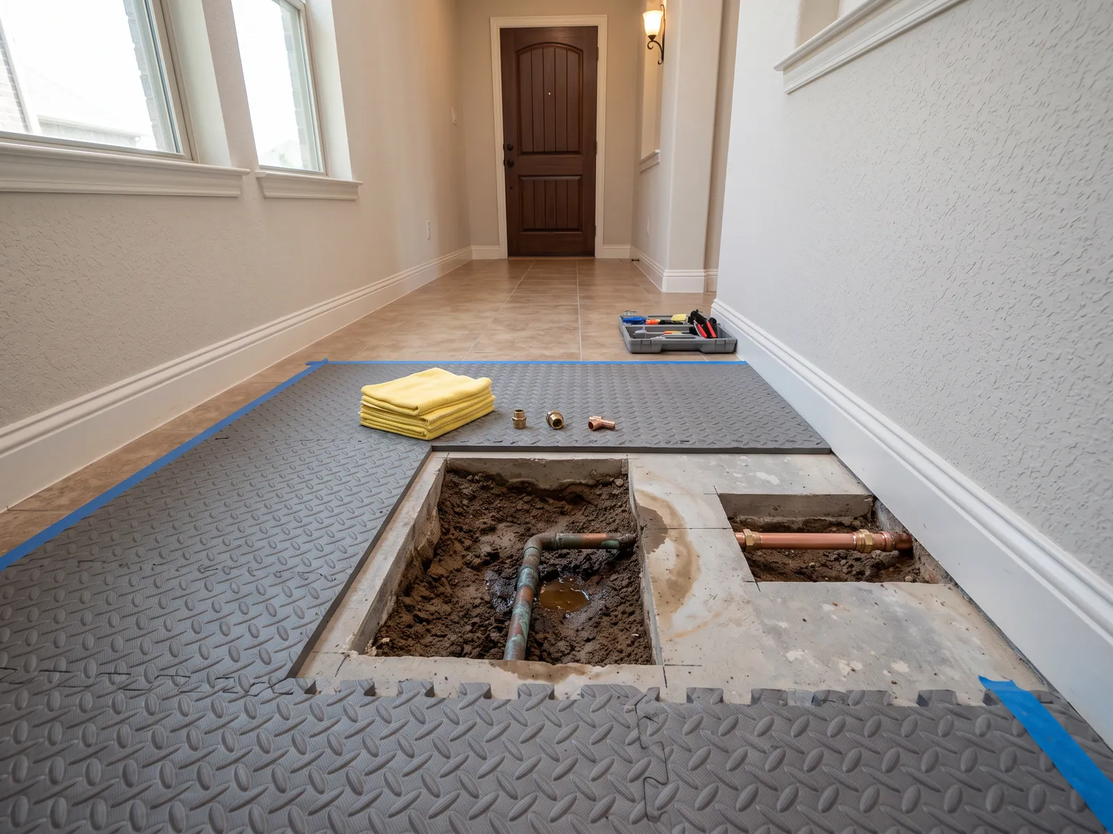 Entry hall slab opened to repair a leaking pipe in Georgetown, TX