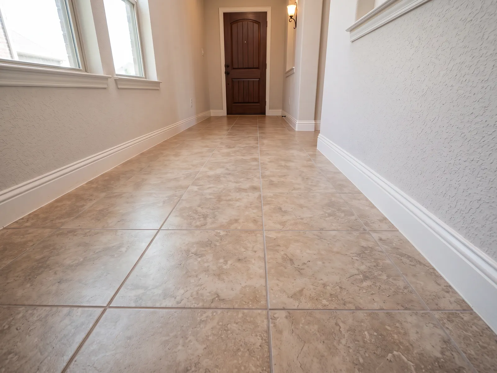 The same entry hall with concrete patched and tile restored after the slab leak repair