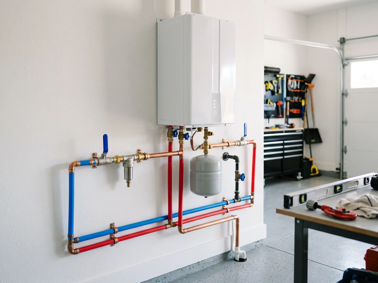 A completed tankless water heater installation with clean copper lines