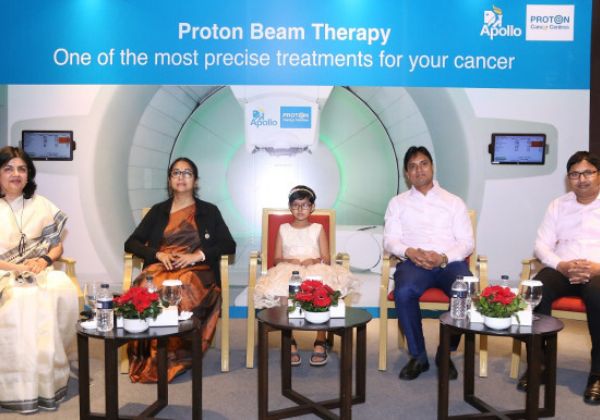 Bangladeshi child with family and Apollo doctors after brain tumour treatment at Apollo Proton Cancer Centre, Chennai.