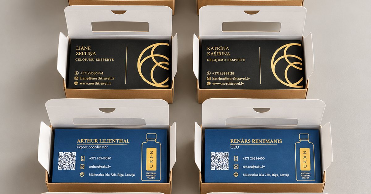 Business cards with gold screen printing on black and blue board