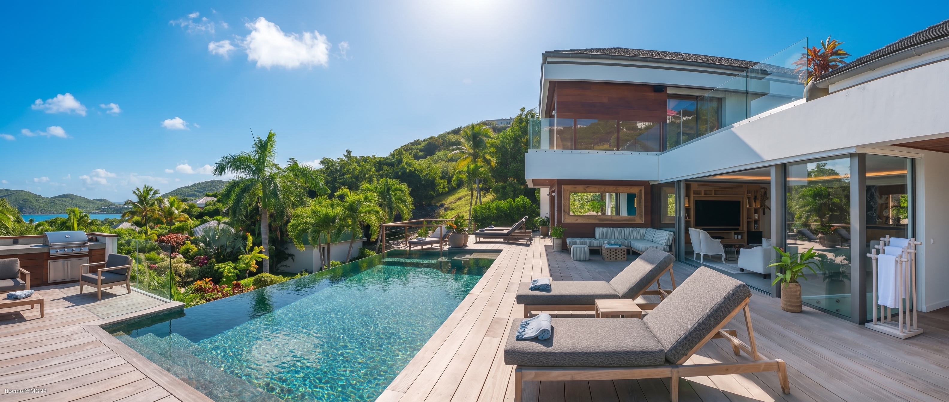 Villa contemporaine avec piscine à débordement et terrasse en bois, à Saint-Barthélemy