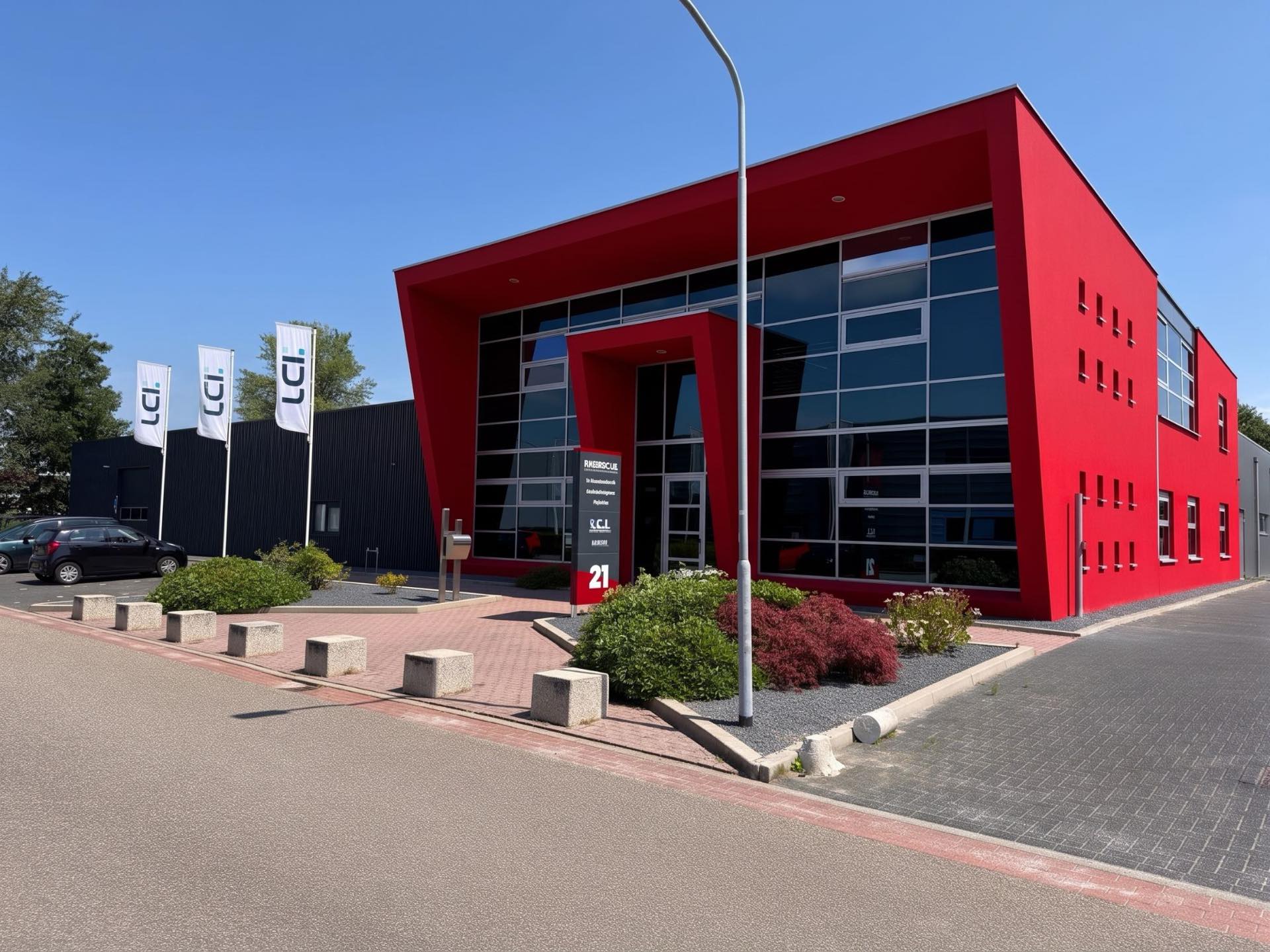 Het bedrijfspand van LCI Productions met de vlaggen voor de ingang