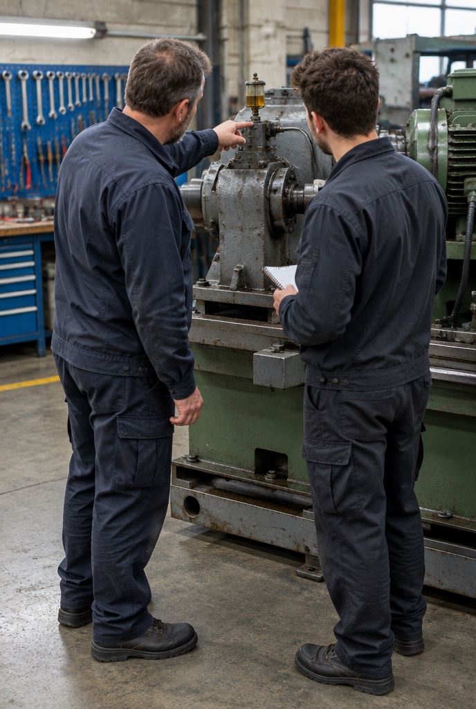 Adviseur en monteur bekijken samen een smeerpunt op een machine