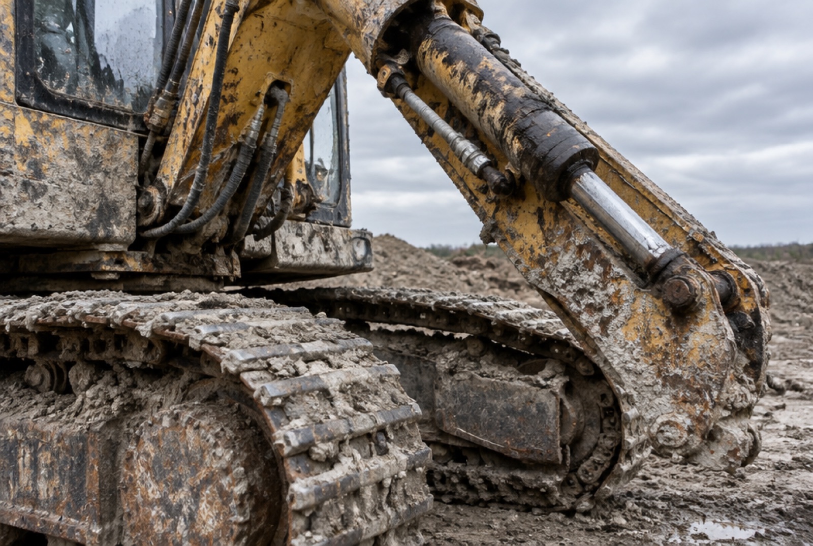 Onderstel en giek van een graafmachine vol opgedroogde klei en betonresten
