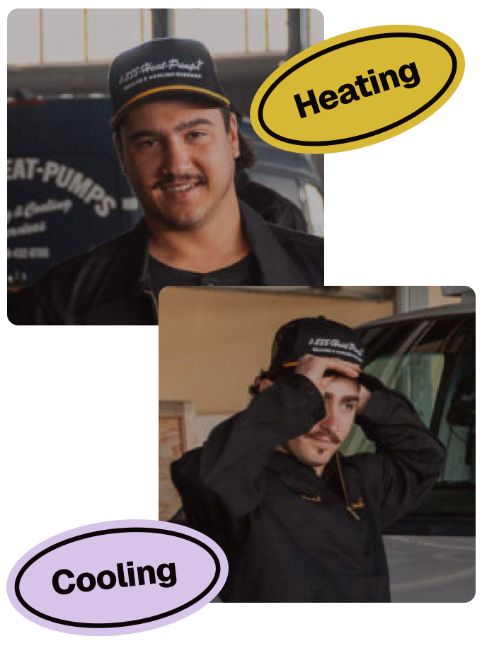 Two photos of men in black jackets and black hats with gold lines, one labeled 'Heating' in a gold oval and the other labeled 'Cooling' in a lavender oval; both appear related to heating and cooling services.