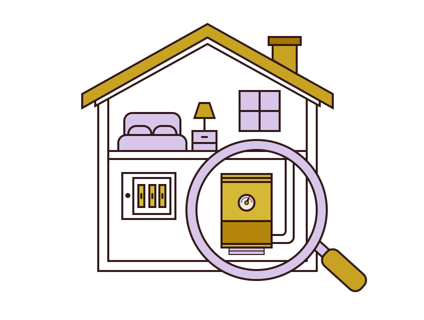Illustration of a house interior showing a bedroom with a bed, nightstand, and lamp on the upper floor, and an electrical panel on the lower floor, with a magnifying glass highlighting a boiler with a pressure gauge inside the house.