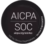 Black circular badge with white text reading AICPA SOC with a smaller alphanumeric code below centered.