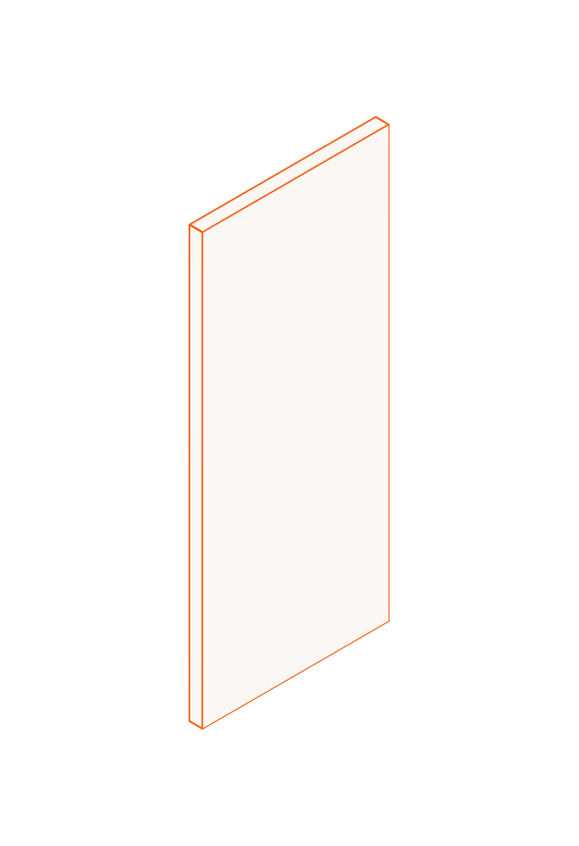 Isometric illustration of a tall, thin, rectangular white door frame with orange borders viewed from an angle.