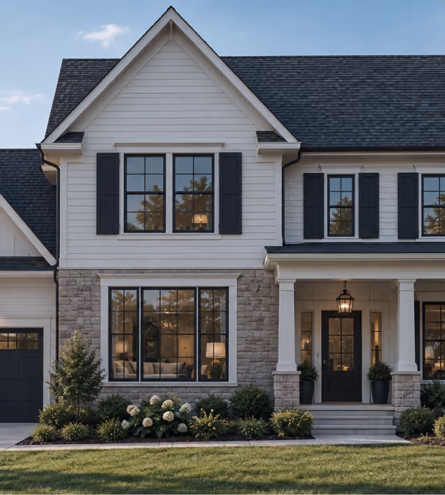Front view of a modern two-story house with white siding, stone accents, black shutters, large windows, a black front door under a covered porch with hanging lantern, and landscaped garden with bushes and flowers.