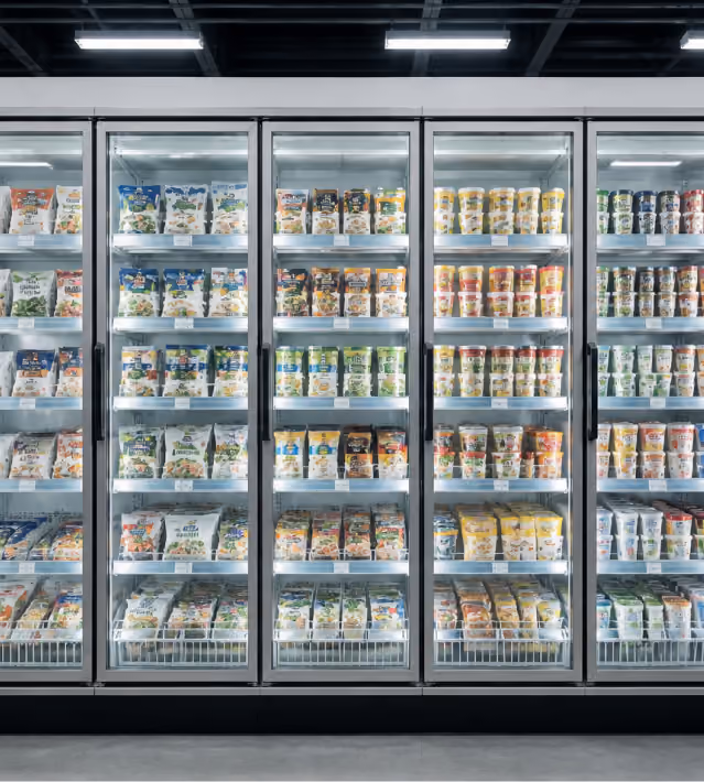 Supermarket freezer section with glass doors filled with various frozen food packages such as vegetables, prepared meals, and soup containers arranged on shelves under bright lights.