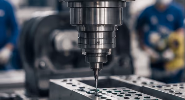 Close-up of a CNC machine drilling holes into a metal block in a factory setting with blurred workers in the background.