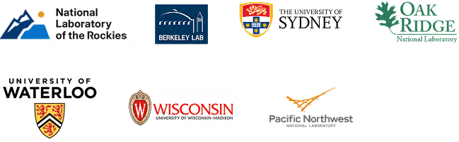 Logos of multiple research institutions arranged in two rows, including Lawrence Berkeley National Laboratory, University of Pennsylvania, Oak Ridge National Laboratory, University of Calgary, University of Wisconsin, and Pacific Northwest National Laboratory.
