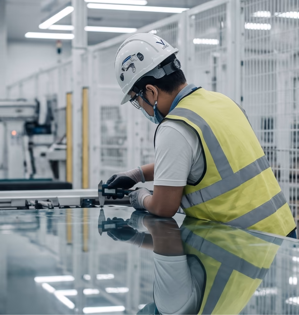 Man wearing a white hard hat, fluorescent yellow safety vest, gloves, and face mask inspecting a reflective surface with a measuring tool in a bright industrial setting.
