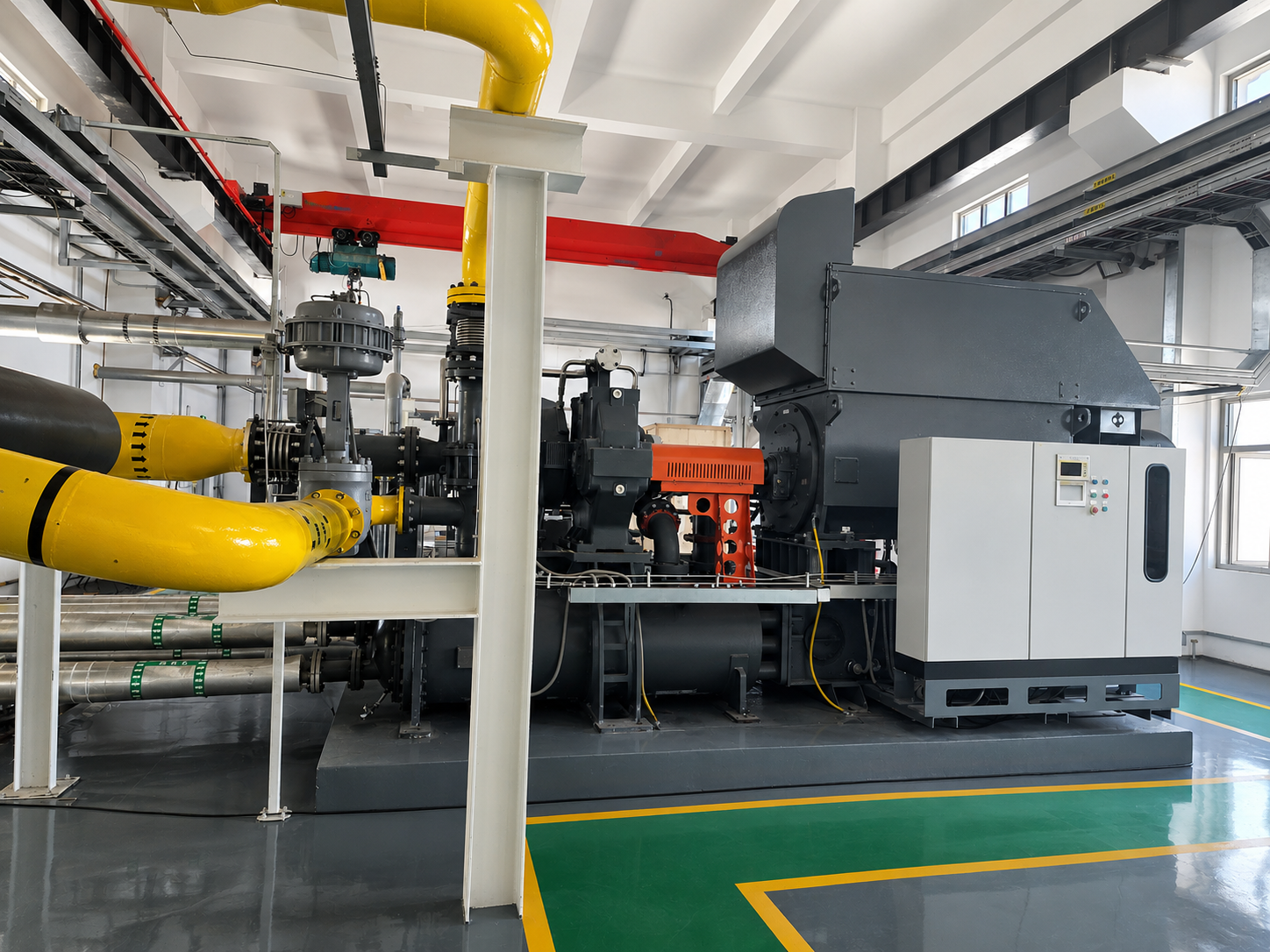 Industrial gas compressor system with process pipework and control equipment