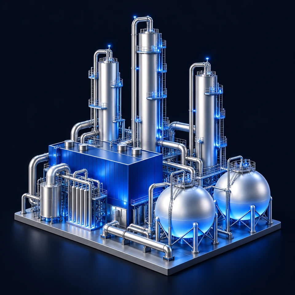 3D illustration of an air separation plant with silver towers and blue cryogenic equipment