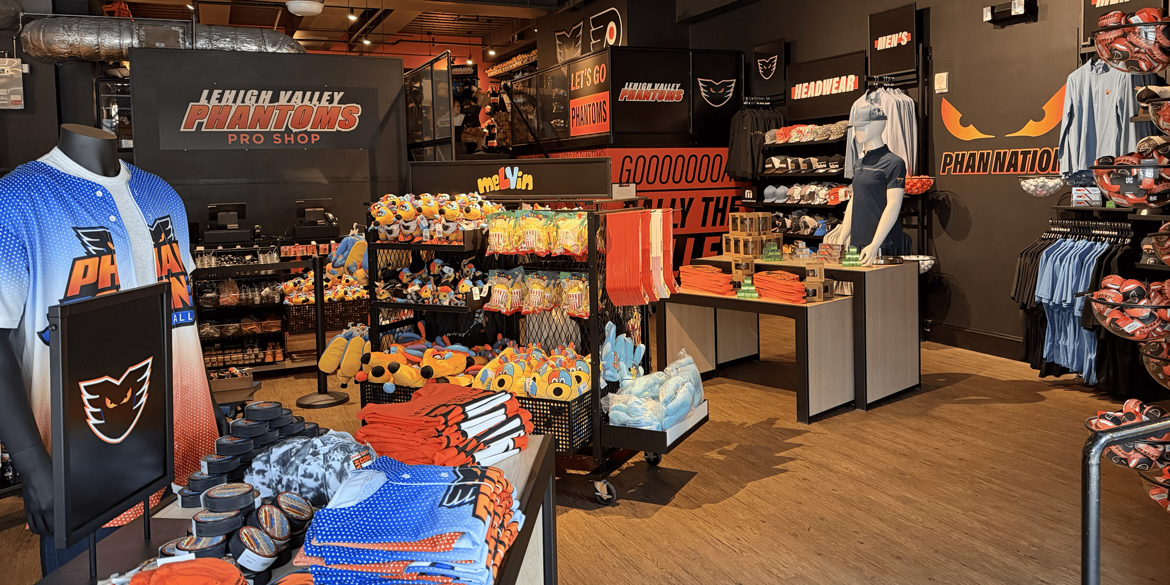 Interior of the Lehigh Valley Phantoms Pro Shop with branded merchandise and product displays