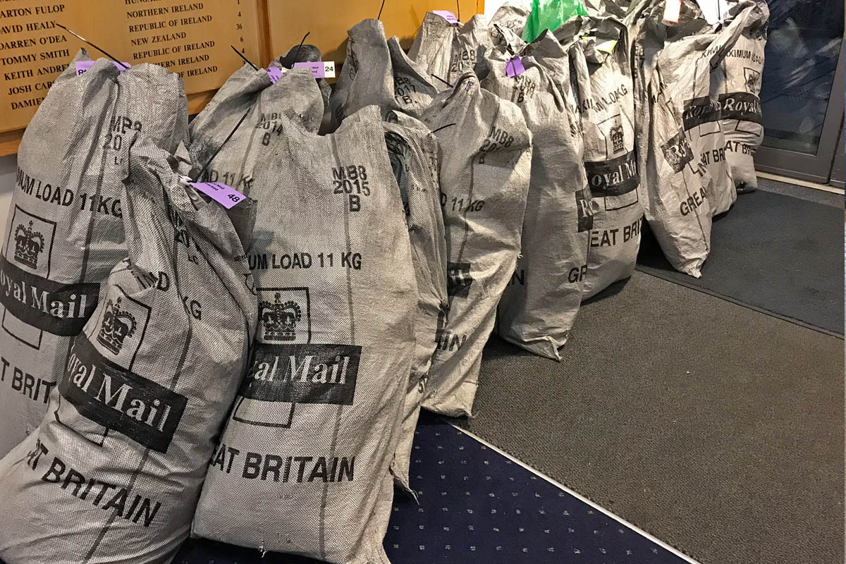 Royal Mail sacks prepared for ecommerce order despatch.