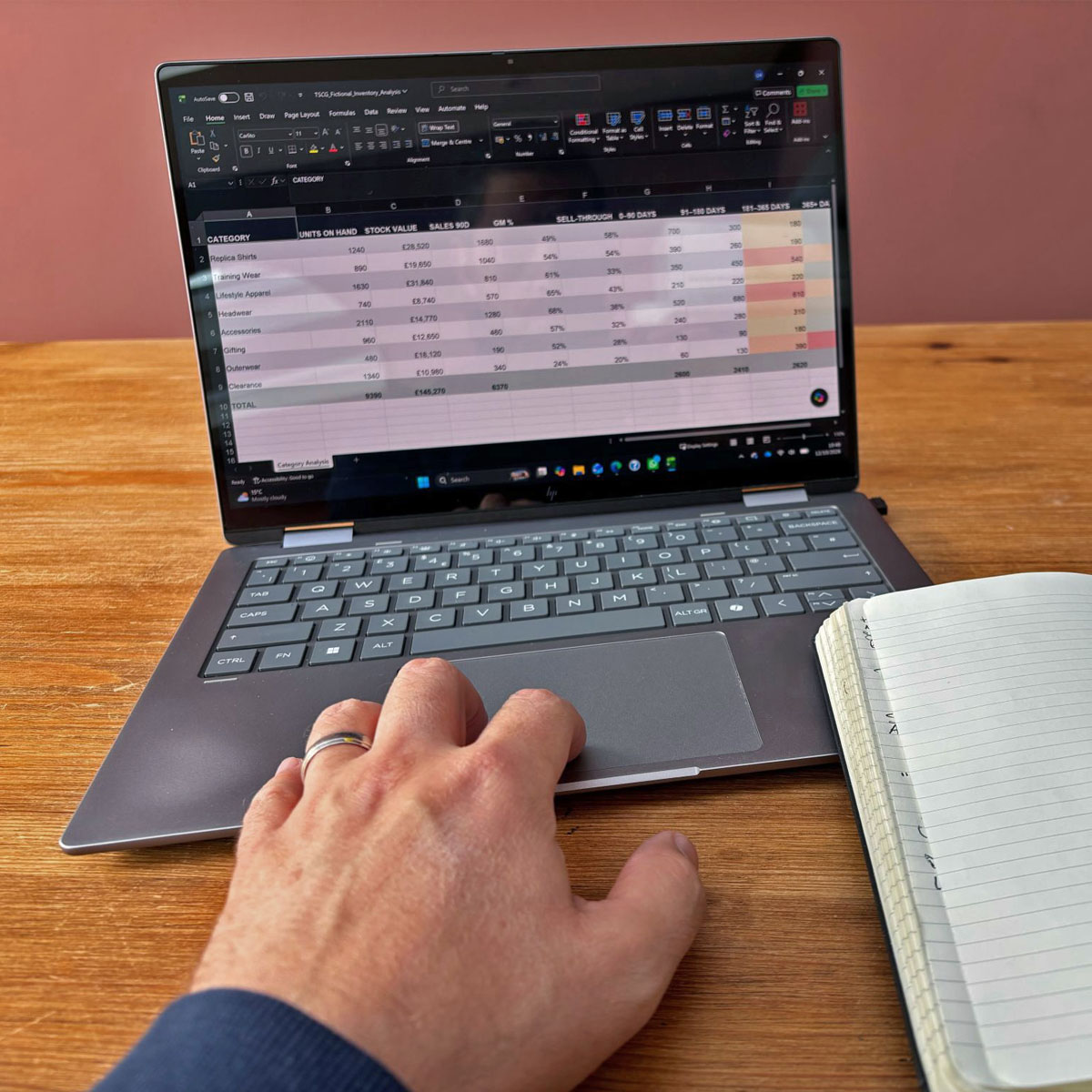 Inventory analysis spreadsheet displayed on a laptop during retail performance planning