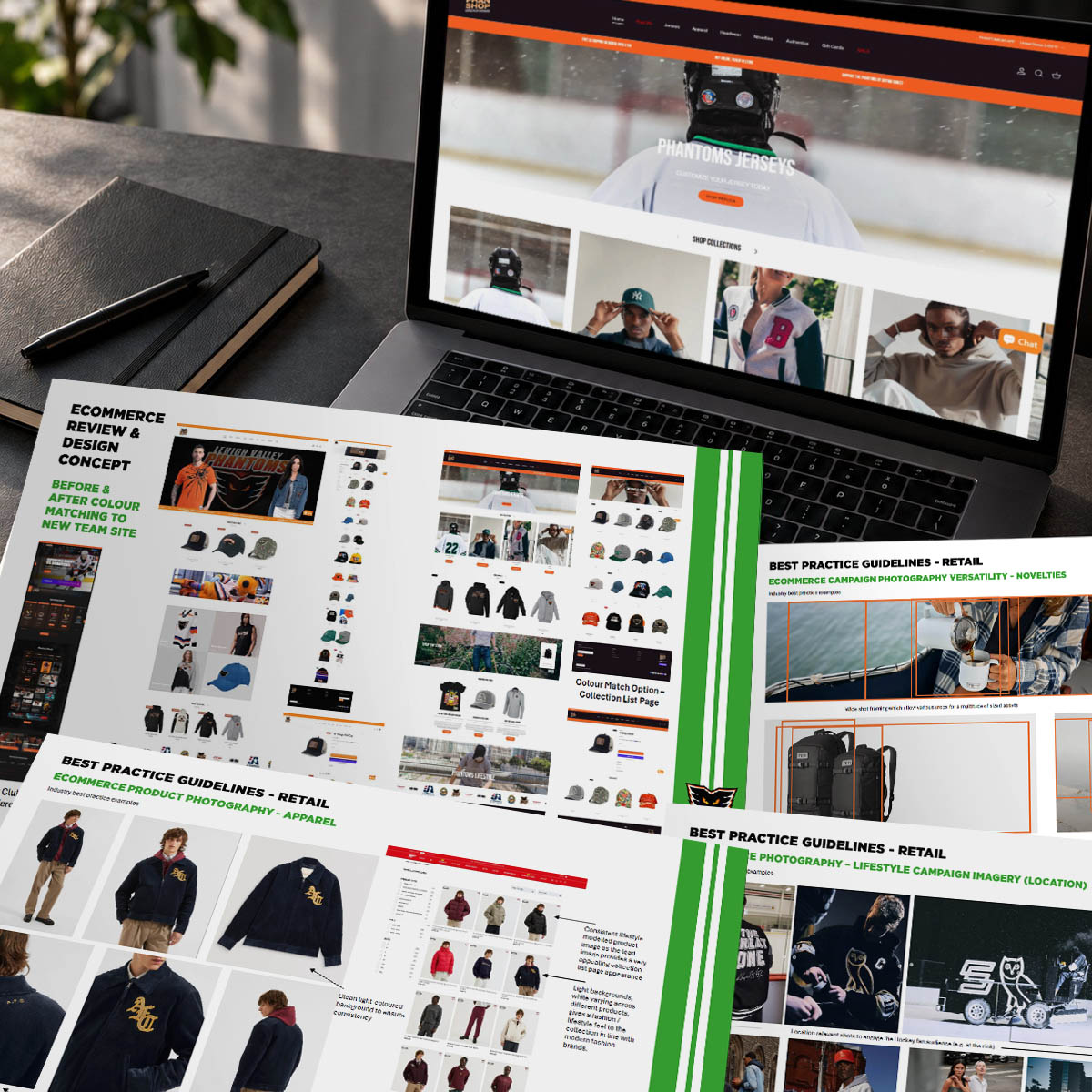 Lehigh Valley Phantoms' PhanShop ecommerce concept and product photography guidance displayed across a laptop and printed planning materials