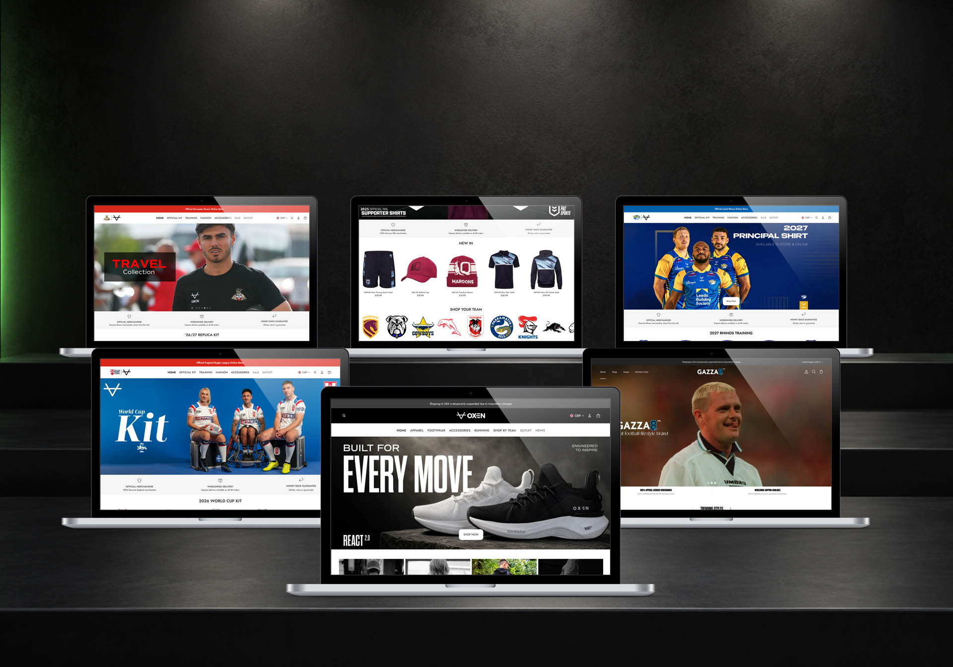 Various sports ecommerce websites delivered by TSCG, displayed across five laptop screens, including OXEN Sports, Gazza8 and professional club stores.