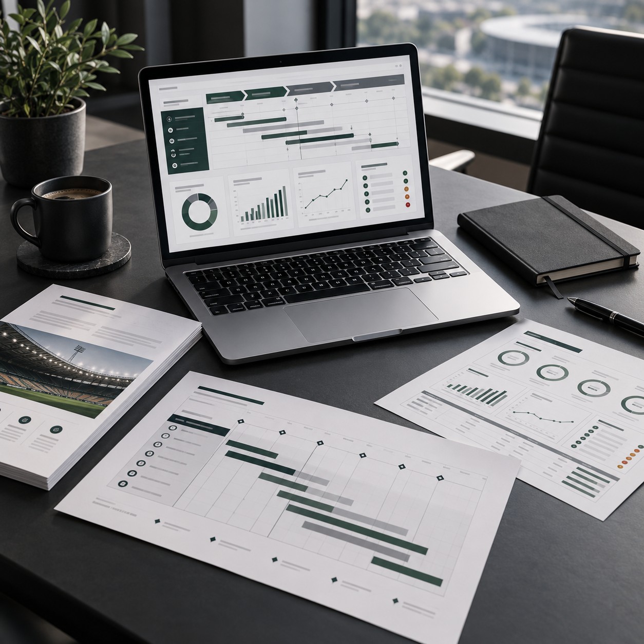 Transformation programme roadmap and performance dashboards arranged on an executive workspace.