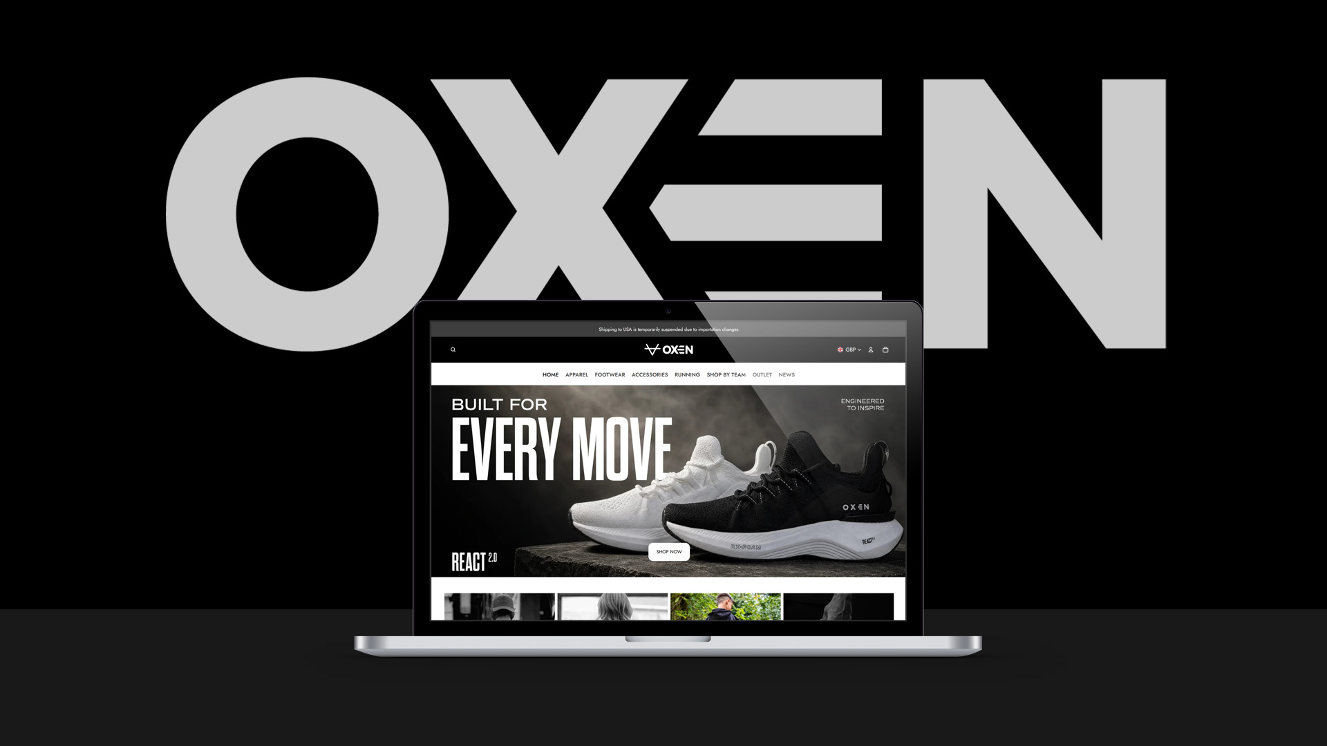 OXEN Sports Shopify Plus ecommerce website displayed on a laptop