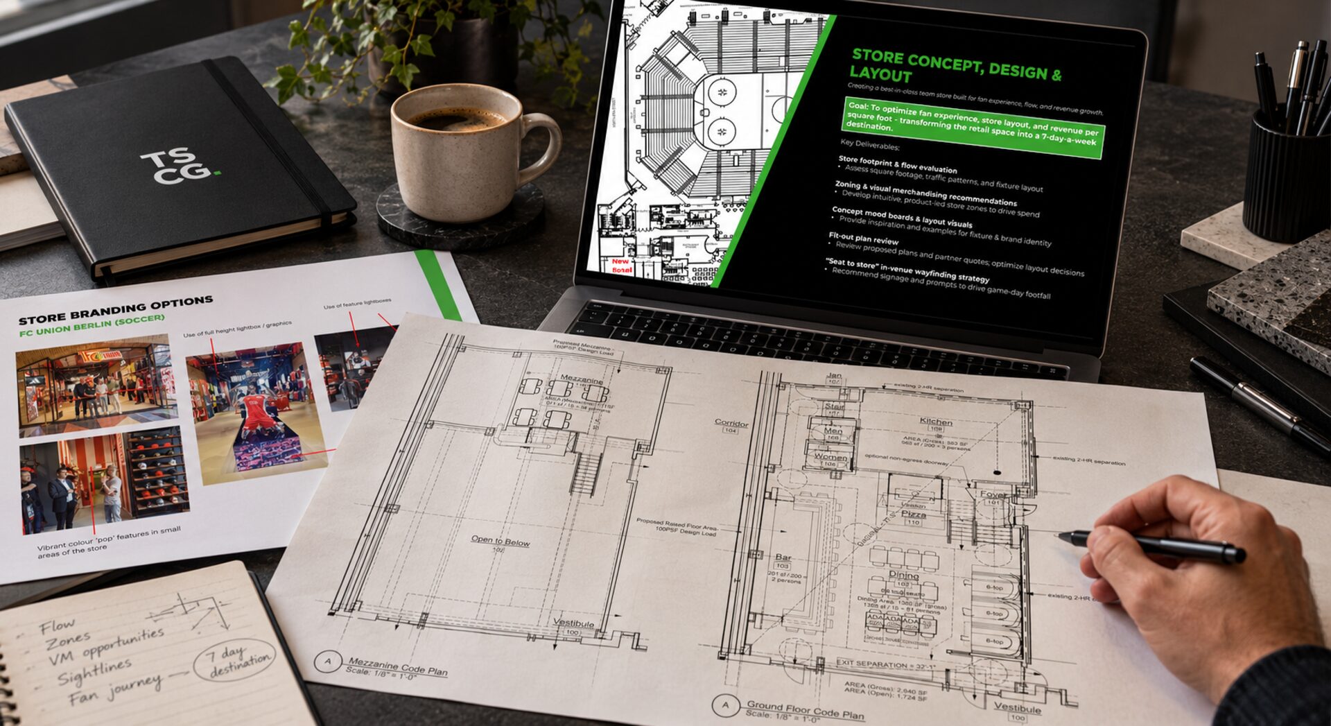 Lehigh Valley Phantoms retail store transformation plans and TSCG concept development materials arranged on a strategic workspace
