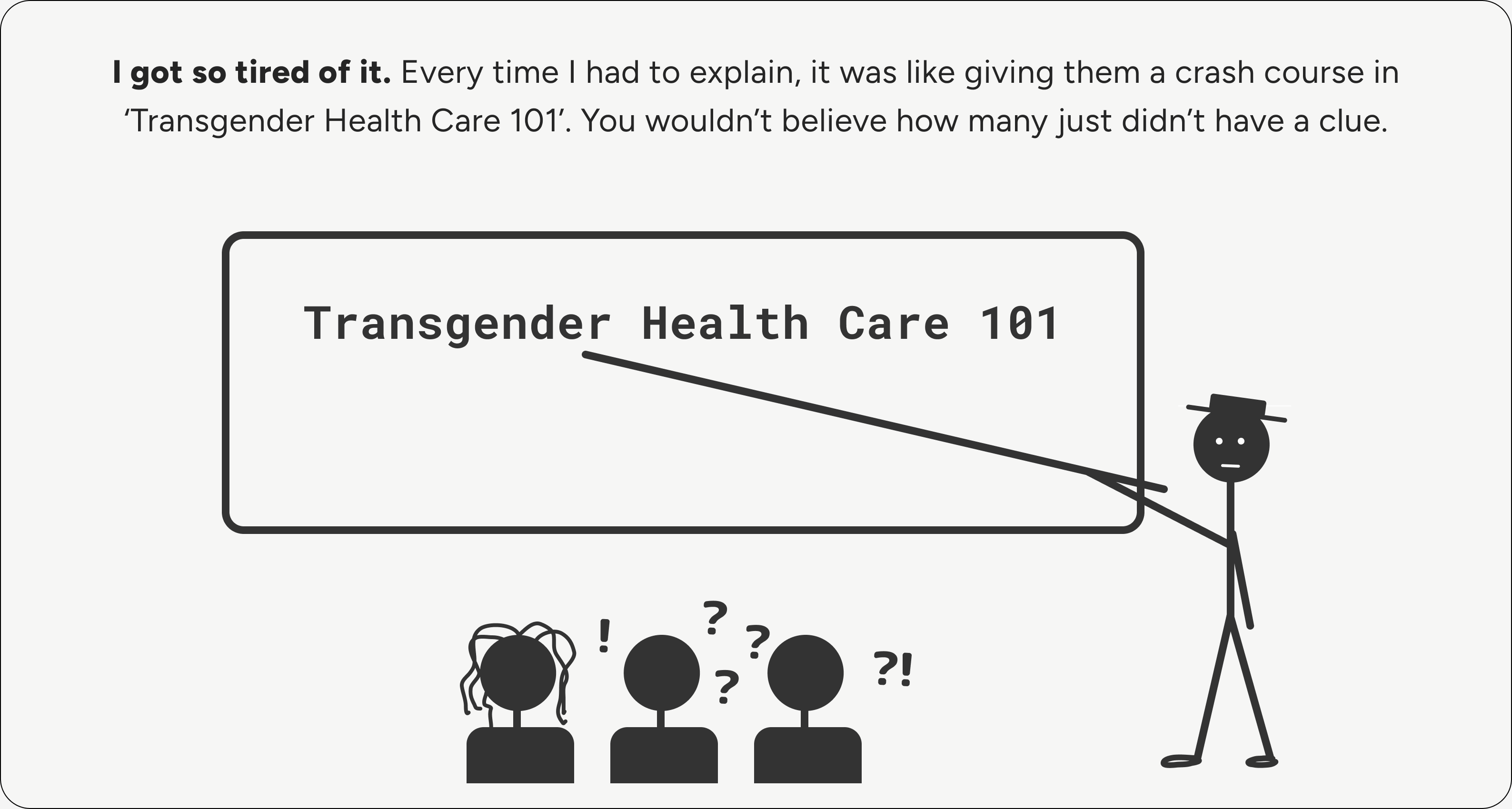 I got so tired of it. Every time I had to explain, it was like giving them a crash course in Transgender Health Care 101. You wouldn't believe how many just didn't have a clue.