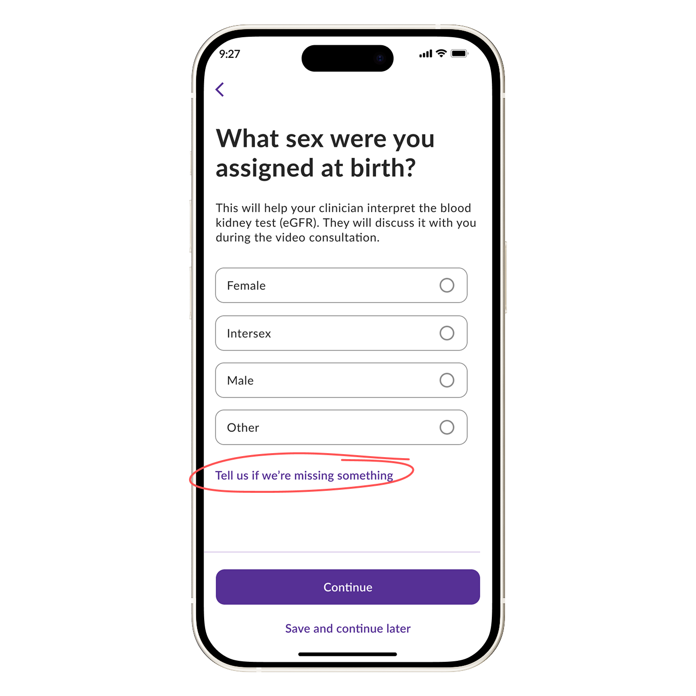 Question asking what sex the patient was assigned at birth, with a link to tell LVNDR if an option is missing