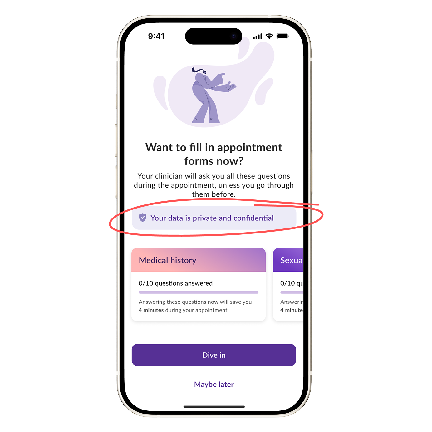 Appointment forms screen with the reassurance Your data is private and confidential highlighted