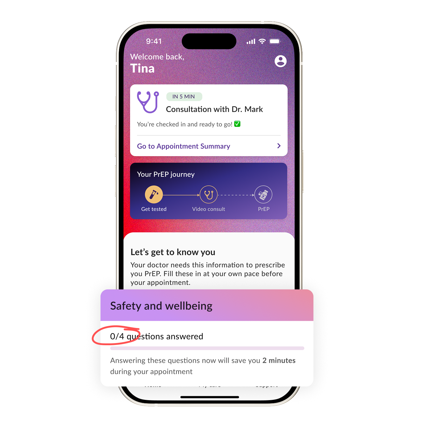 LVNDR app home screen with the questionnaire module card Safety and wellbeing, showing 0 of 4 questions answered and the minutes it saves during the appointment