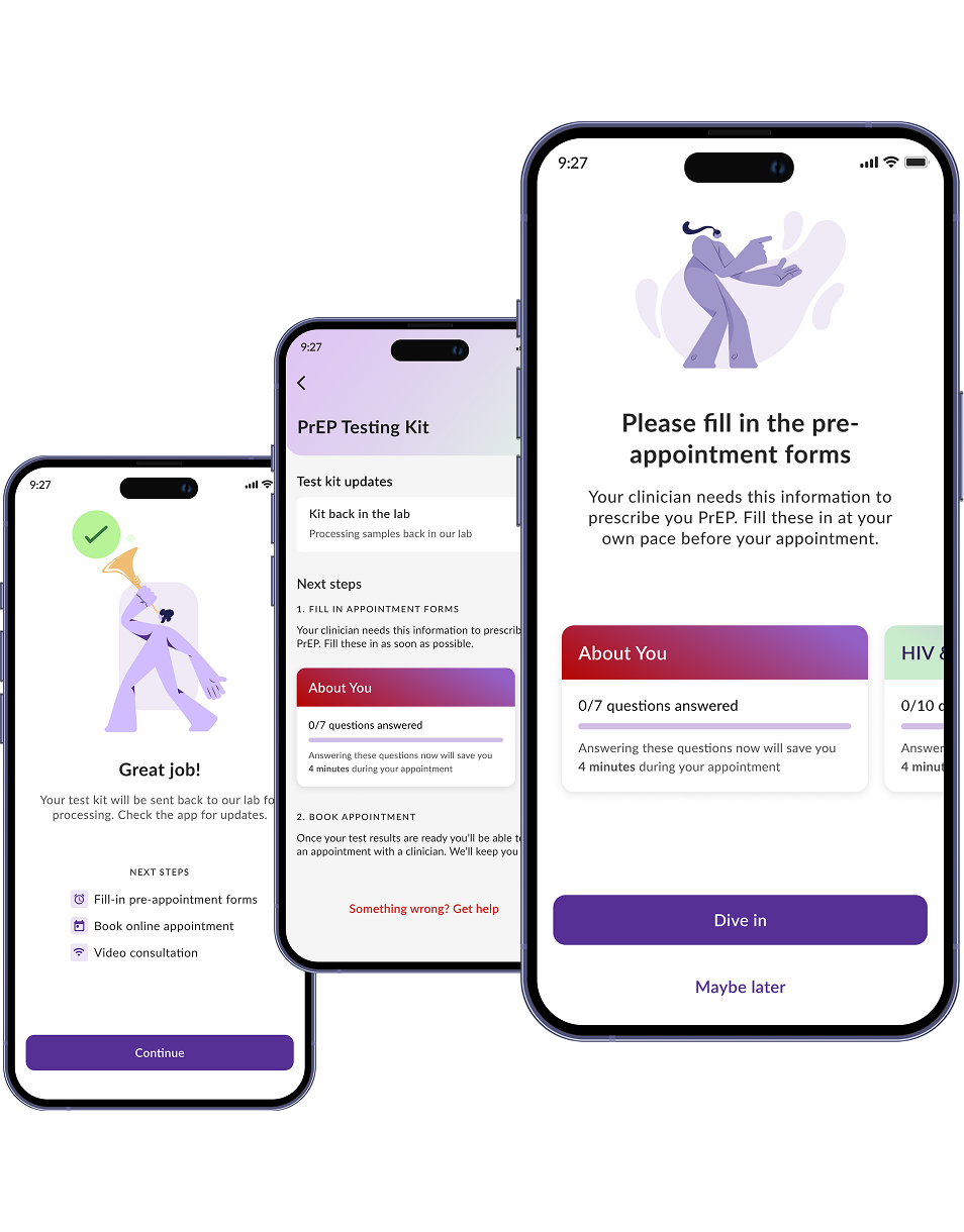 Three app screens showing must-answer questions placed in key moments of the patient journey