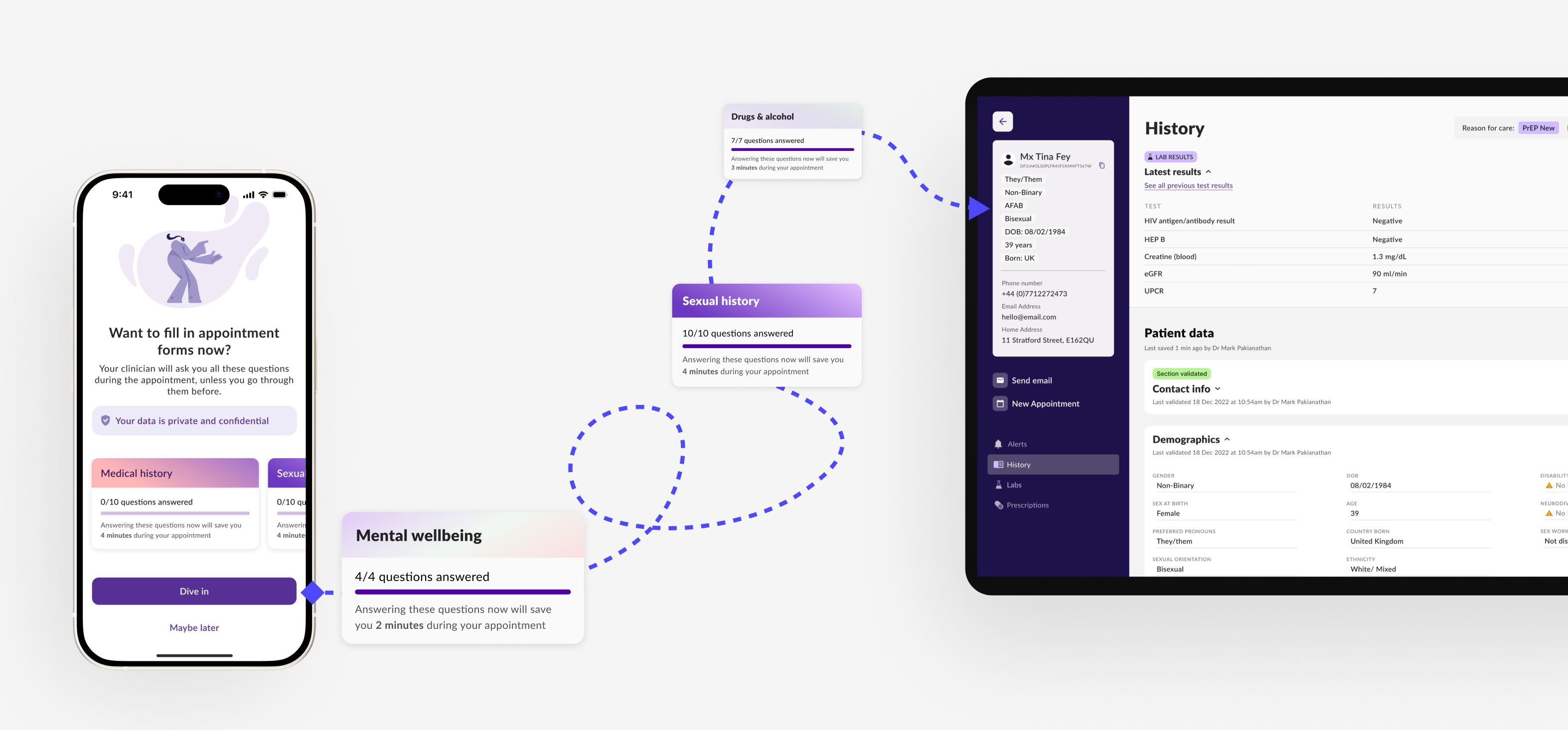 The LVNDR patient app questionnaire next to the clinician dashboard, showing how answers from the questionnaire modules flow into the patient's history