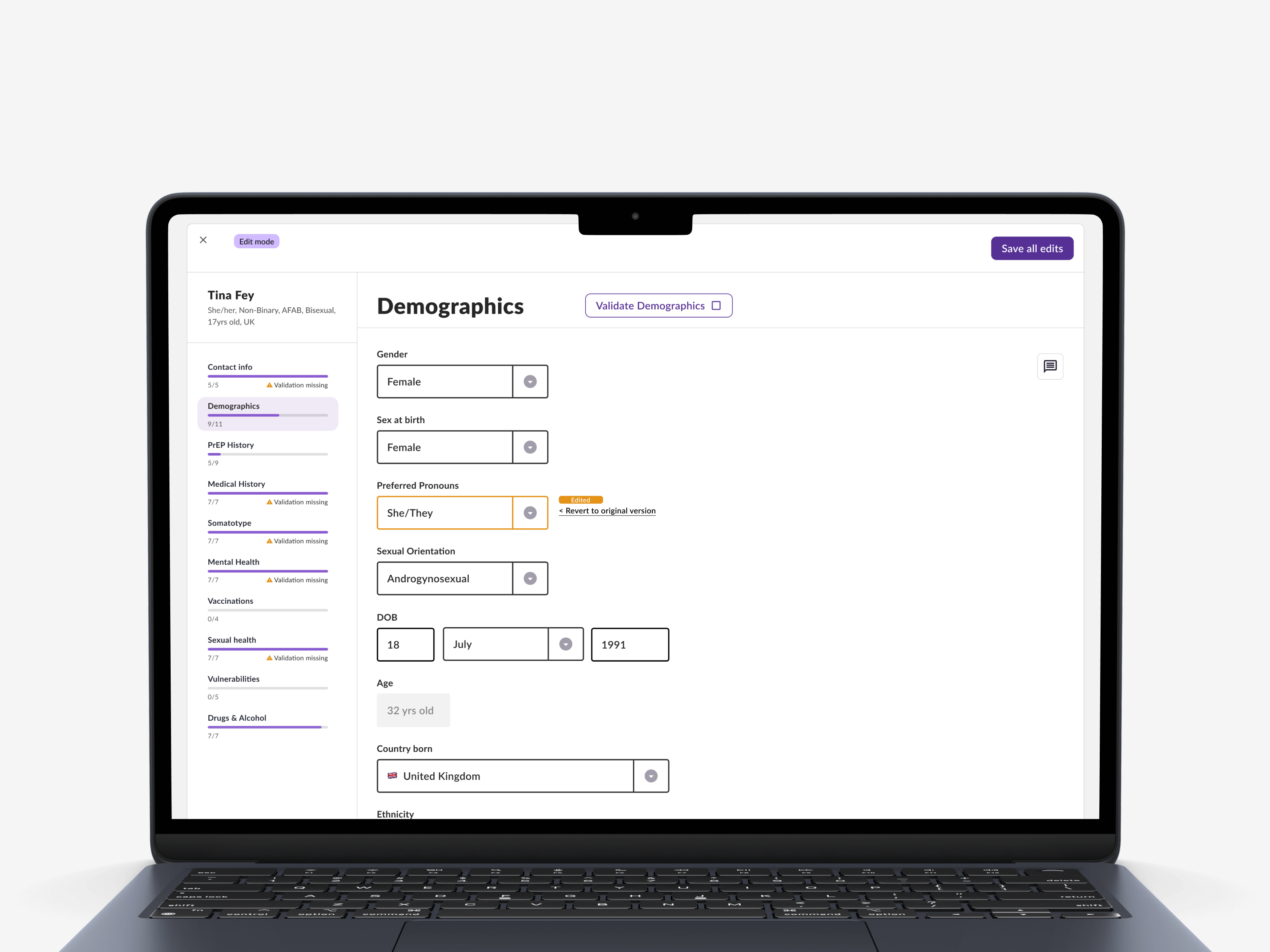 Dashboard v2, patient history in edit mode