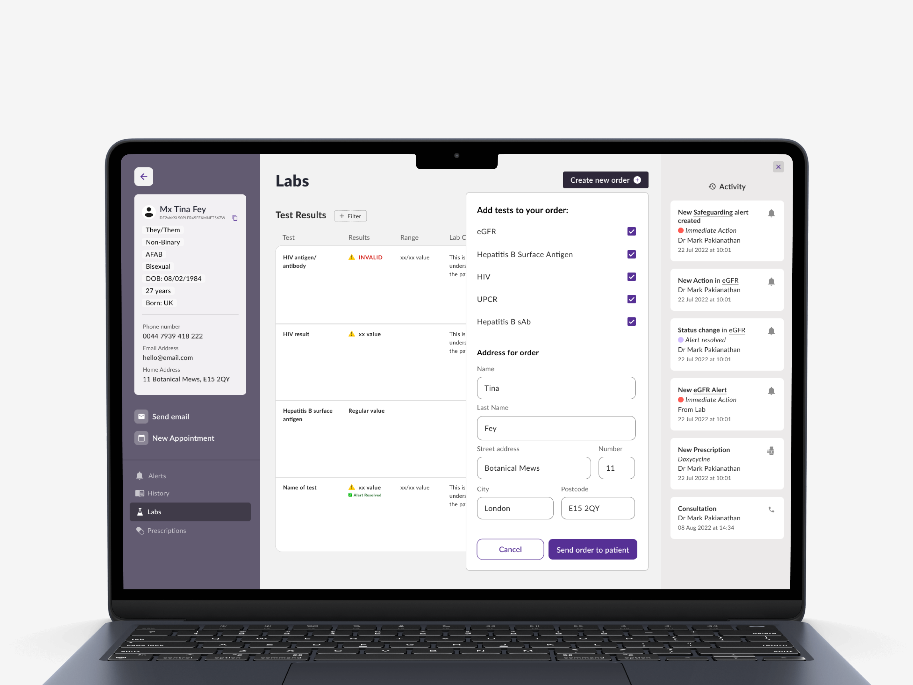 The Labs page of the clinician dashboard, with a patient's test results, a panel to order new tests and send them to the patient's address, and an activity feed of alerts and status changes