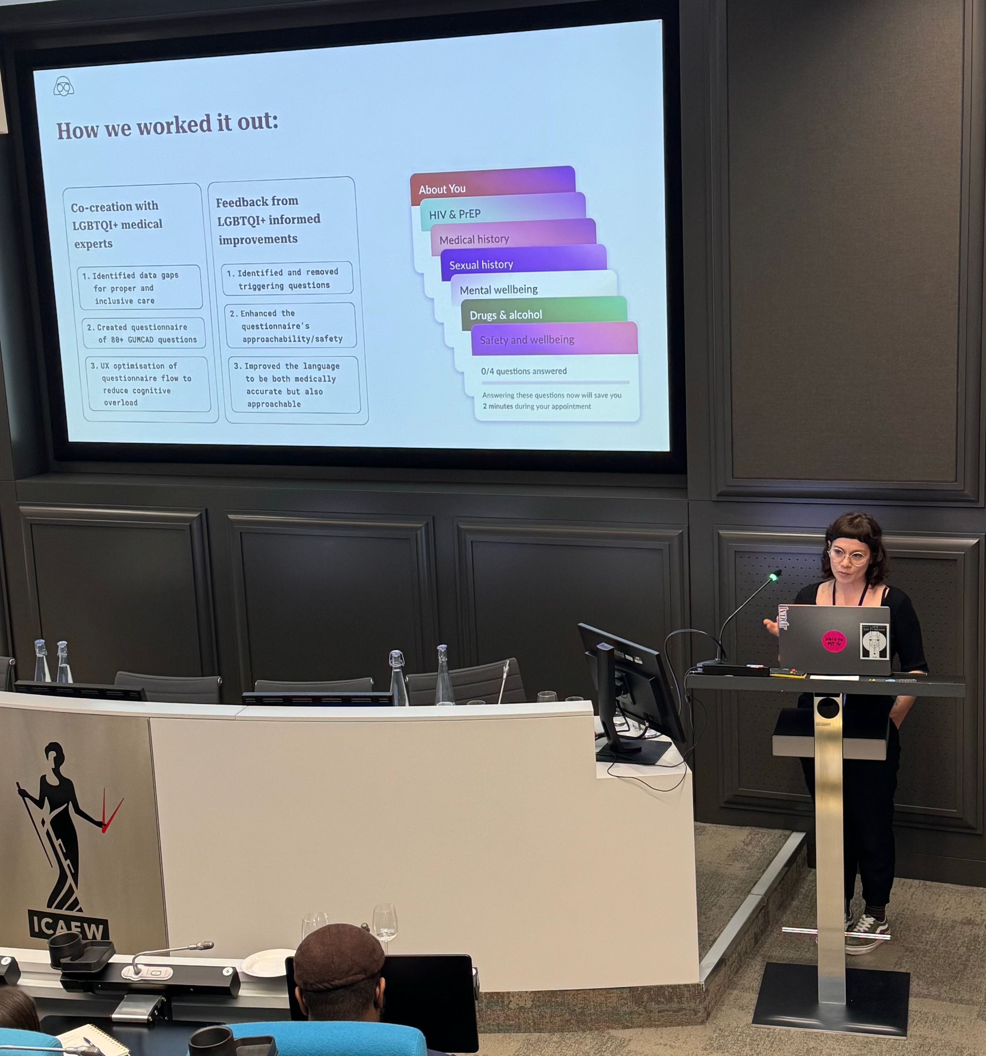 Soraya speaking at the UX Healthcare Conference in London, presenting how the LVNDR questionnaire was co-created with LGBTQIA+ medical experts