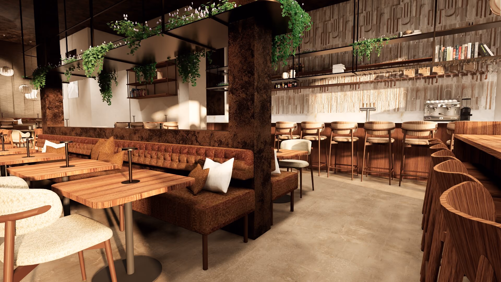 Lange zitbank en bar bij Kaft Bar