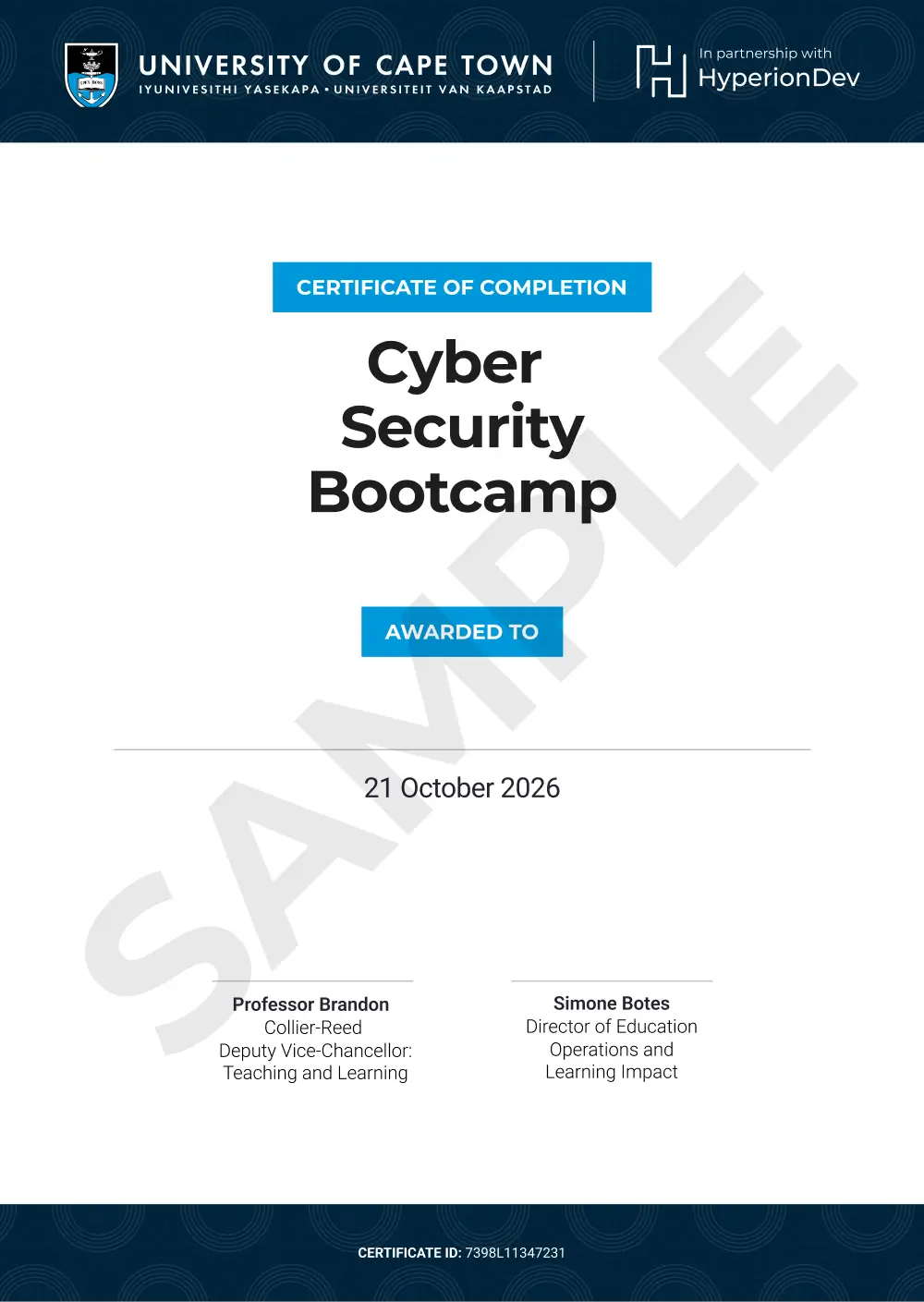 Certificate for the bootcamp