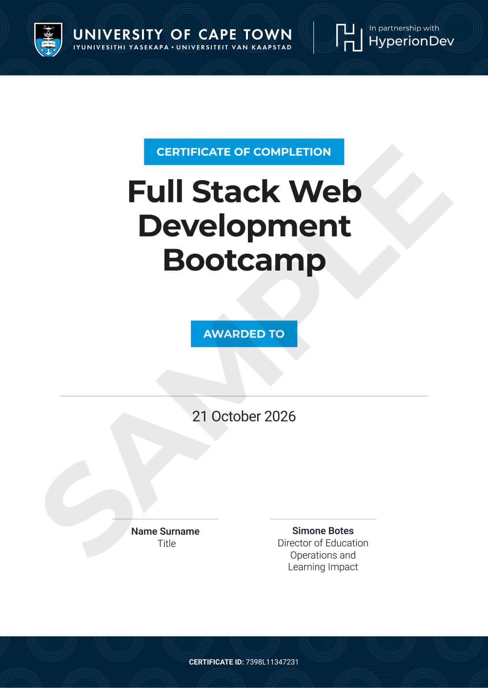 Certificate for the bootcamp