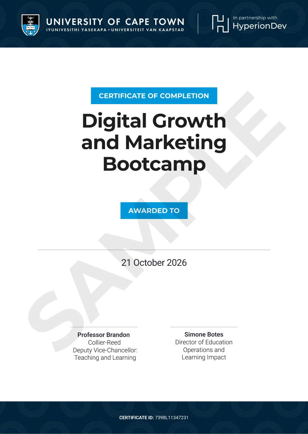 Certificate for the bootcamp