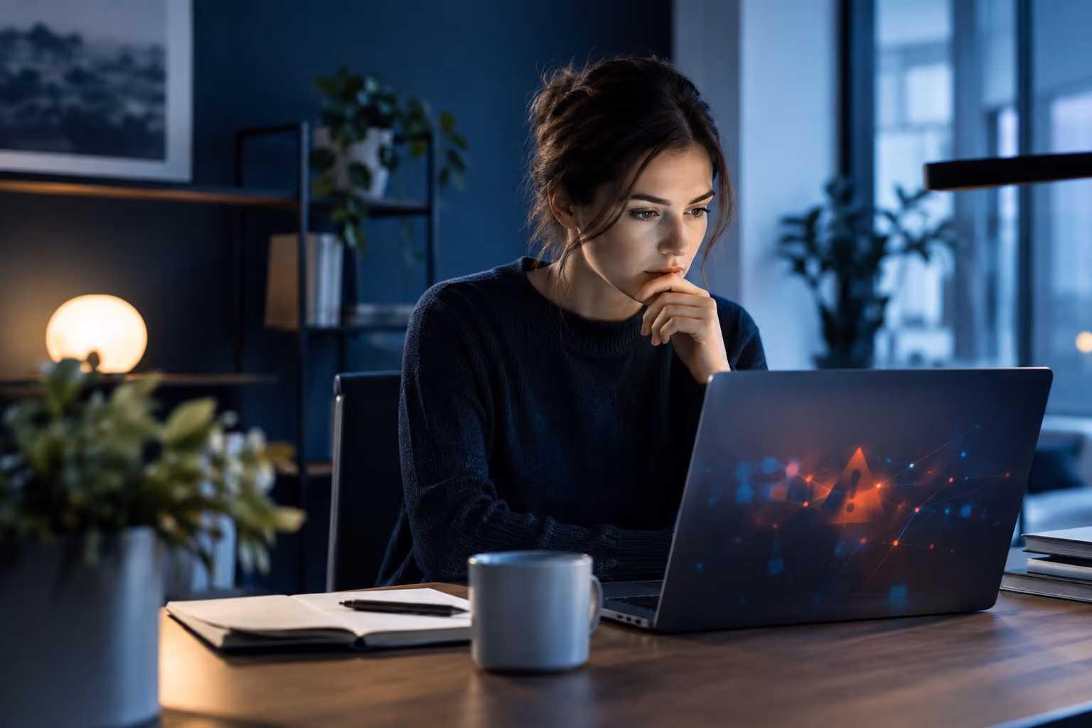 Munkatárs kiberbiztonsági kockázatot ellenőriz laptopon.