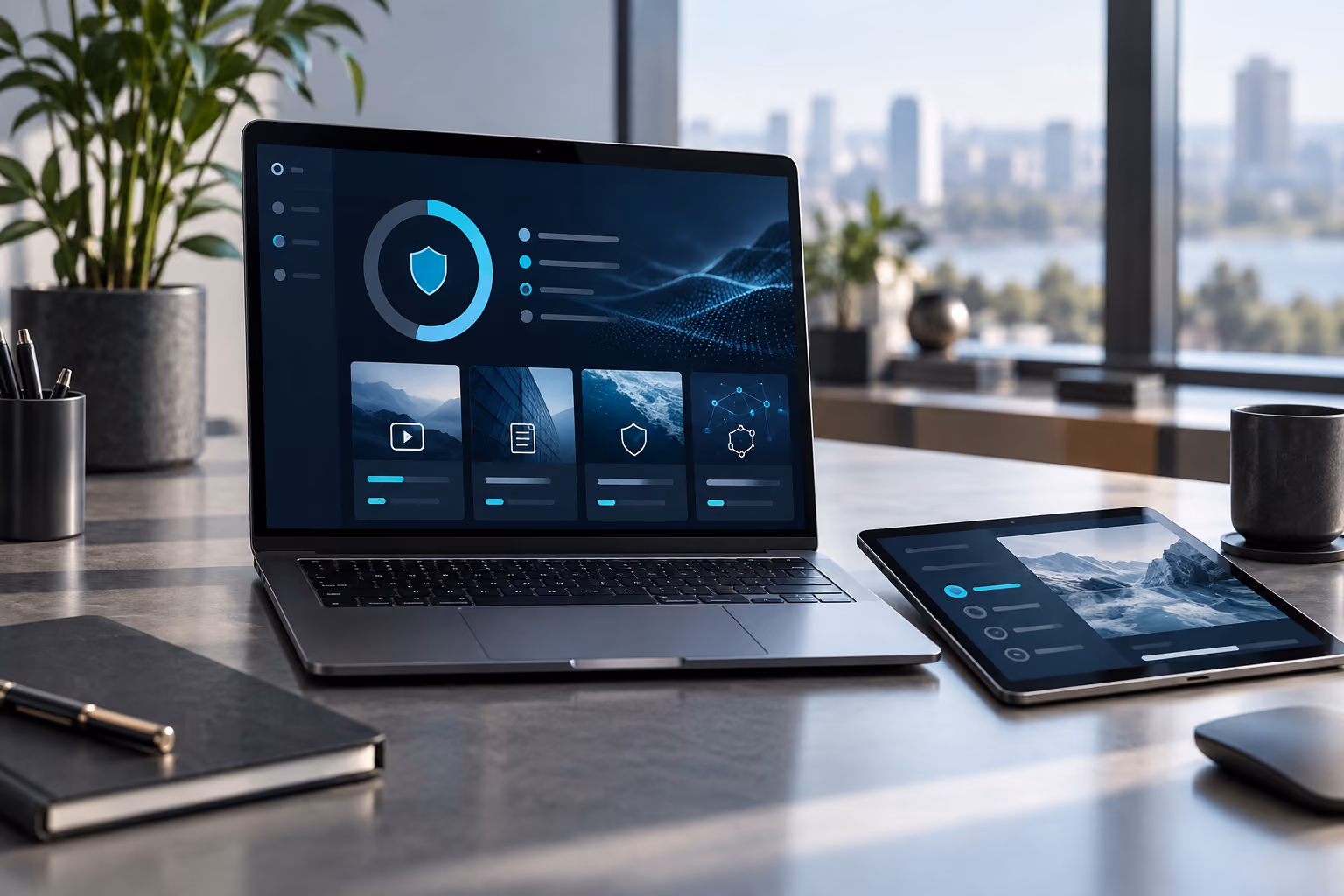 Laptop és táblagép digitális kiberbiztonsági tananyaggal