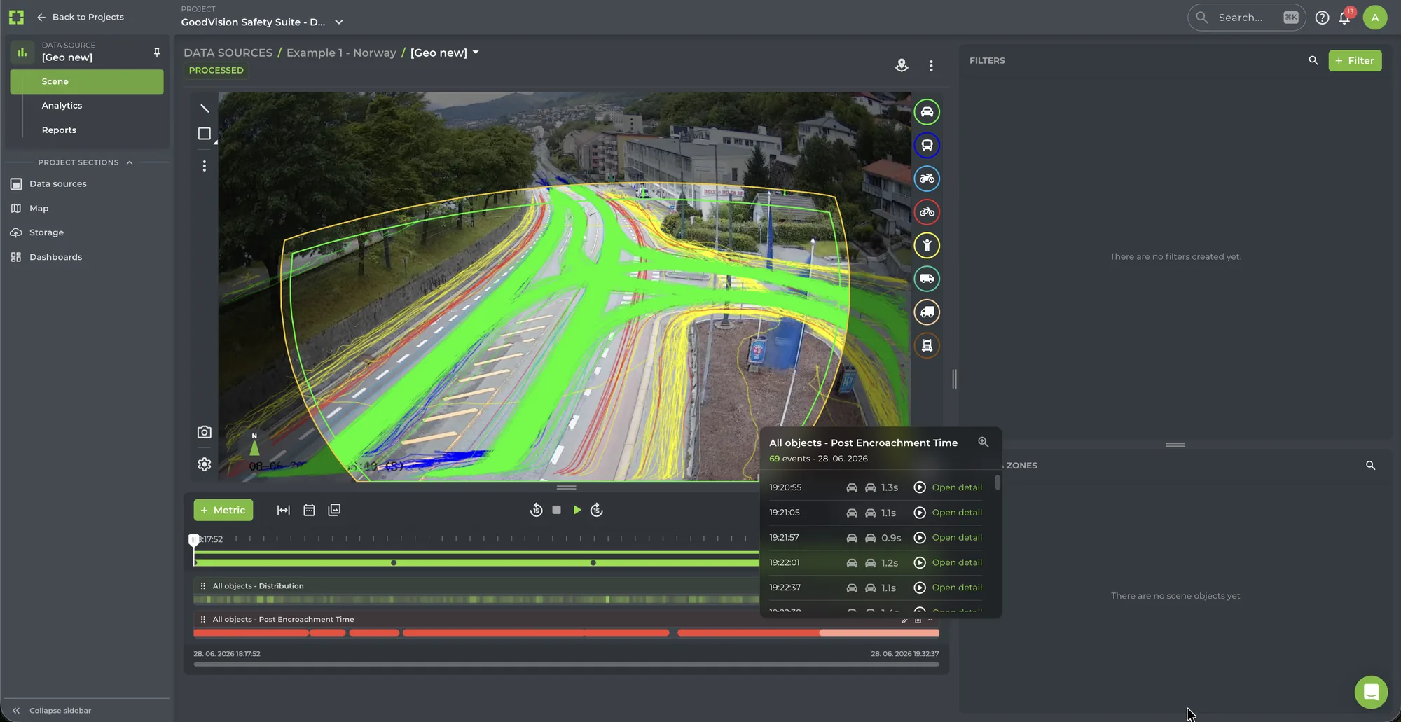GoodVision Video Insights drawing the trajectory of every road user through a highway junction, with the conflict events it found listed beside the video