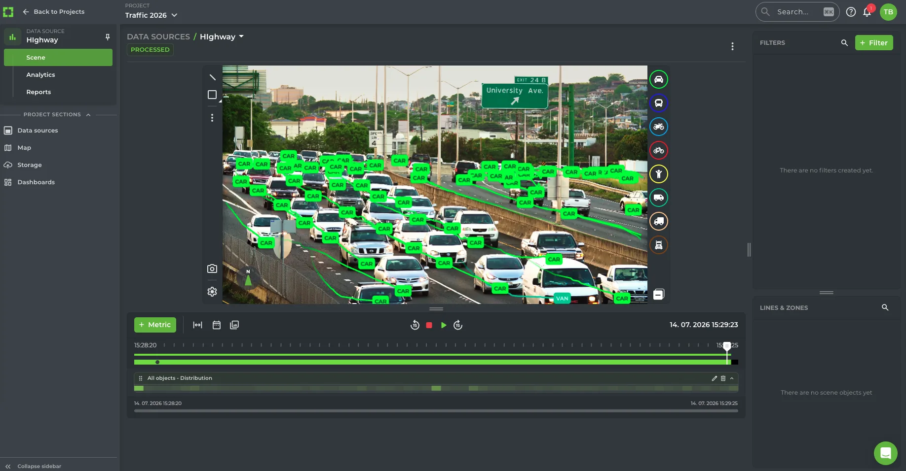 GoodVision rastrea y clasifica cada vehículo en todos los carriles de una concurrida autopista, desde una cámara de carretera ya existente.