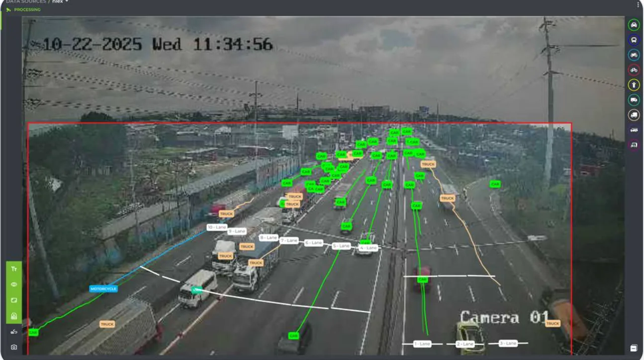 Highway CCTV frame in GoodVision with a detection zone outlined in red and tracked vehicles marked in green