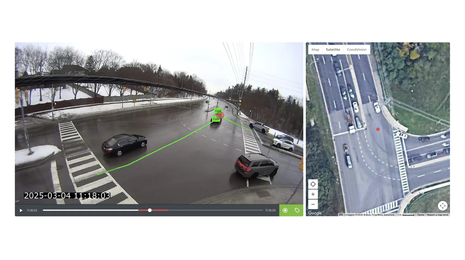 A junction camera view shown beside a satellite map of the same junction, with a road user's path traced on both
