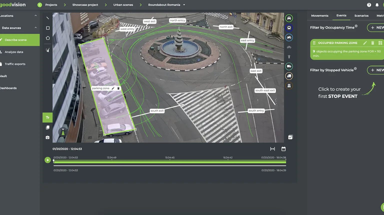 GoodVision Video Insights with a parking zone drawn along the kerb beside a roundabout and filters for occupancy time